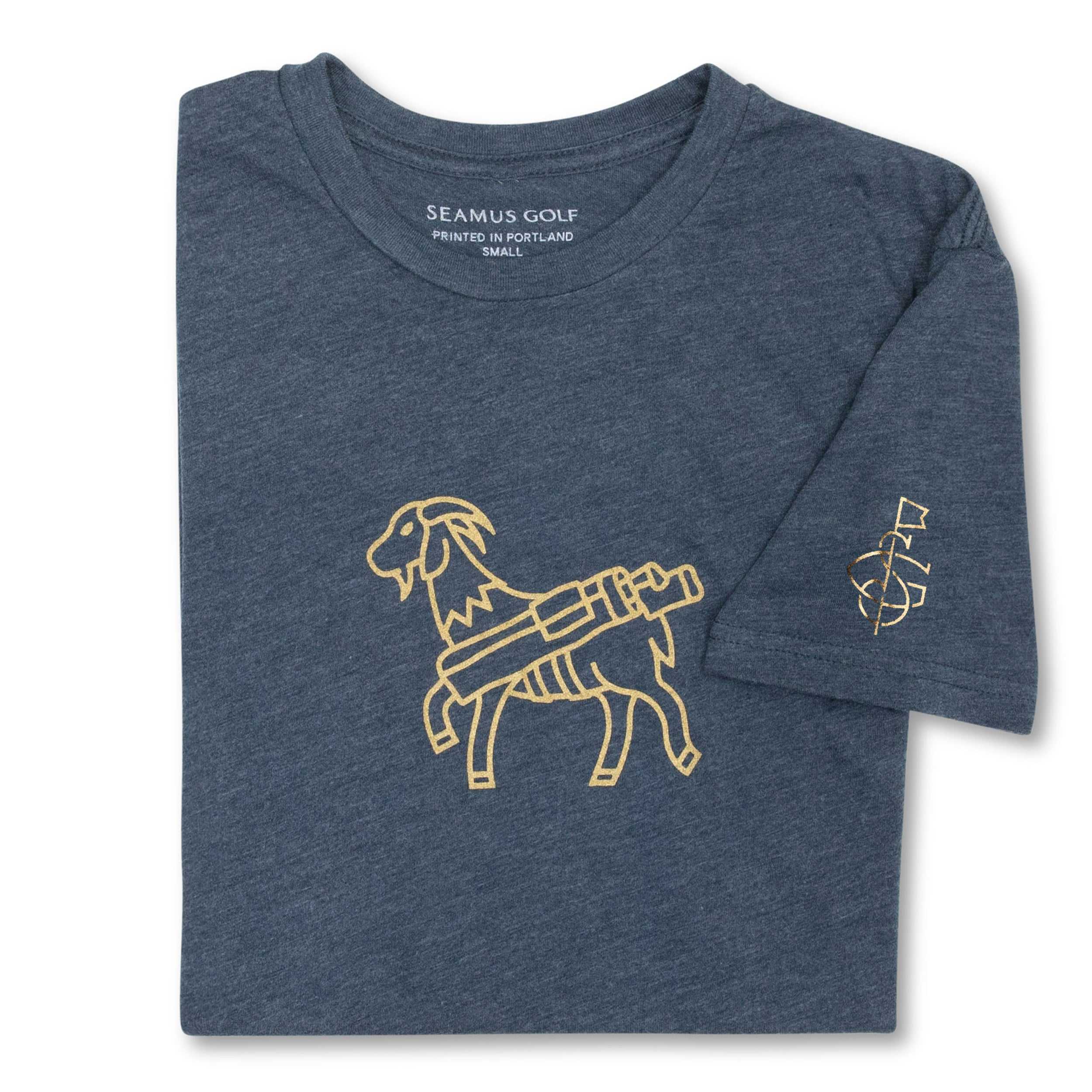 Seamus Goat Division Caddie Gold on Blue T-Shirt | Seamus Golf | 1